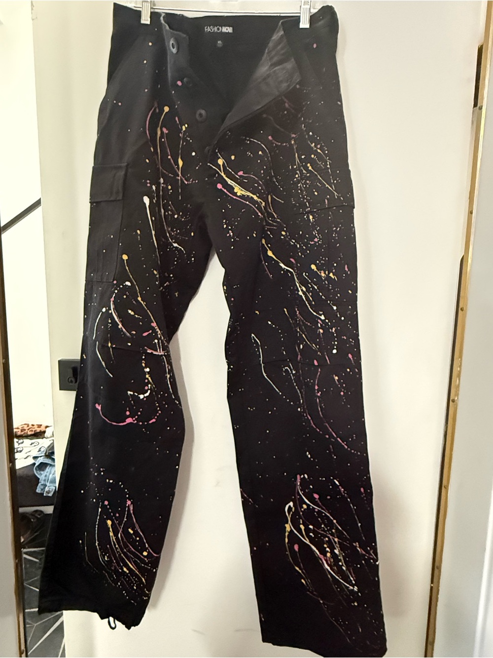 Fashion Nova Black Paint-Splatter Cargo Pants with Yellow & Pink Accents